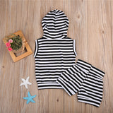 2PCS Sleeveless Hooded Top+Shorts Outfits Striped