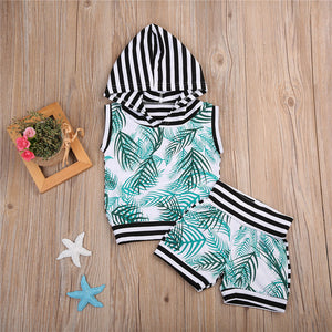 2PCS Sleeveless Hooded Top+Shorts Outfits Striped