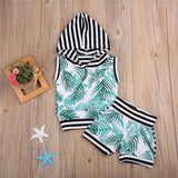 2PCS Sleeveless Hooded Top+Shorts Outfits Striped
