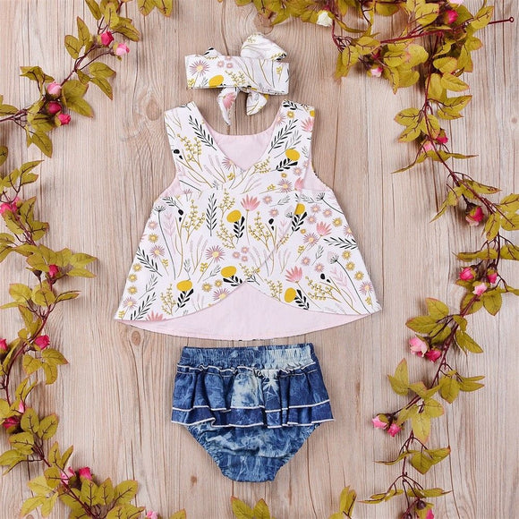 3Pcs Floral Tank Top +Denim Shorts + Headband