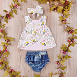 3Pcs Floral Tank Top +Denim Shorts + Headband