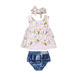 3Pcs Floral Tank Top +Denim Shorts + Headband