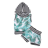 2PCS Sleeveless Hooded Top+Shorts Outfits Striped