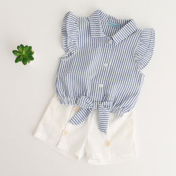 T-shirt Striped+White Short 2Pcs Suits