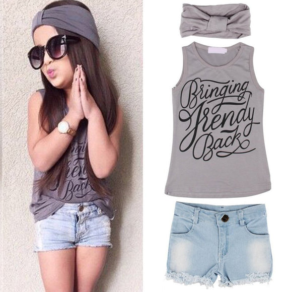 Headband + Top + Shorts Jeans 3pcs Set