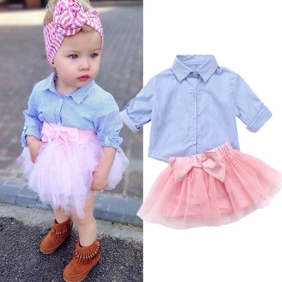 Striped Blue T-shirt+Tutu Bow Skirt 2PCS